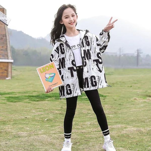 

coat autumn windbreaker kids girls jackets long sleeve letter trench hoodies 4t 6 8 10 12 13 14 years streetwear teenage outwear, Blue;gray