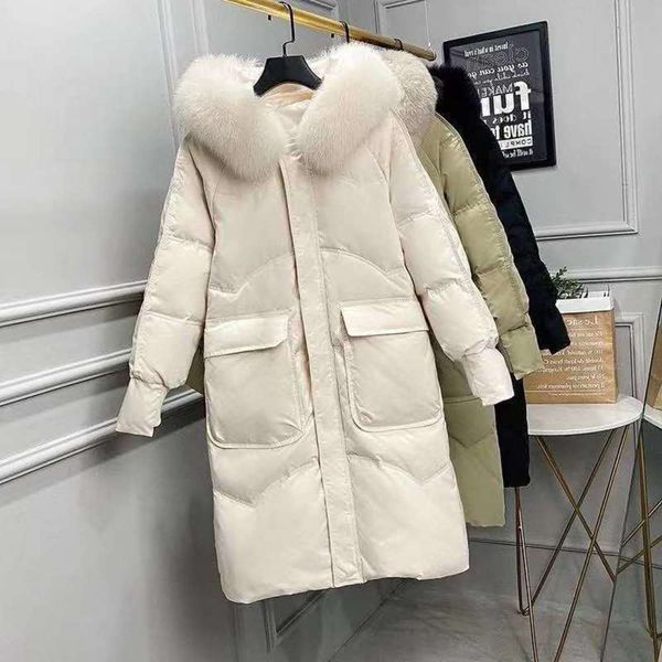 

20212020 new korean mid ultra long pocket over knee down jacket women's big hairy collar foreign style parka coats for women, Black