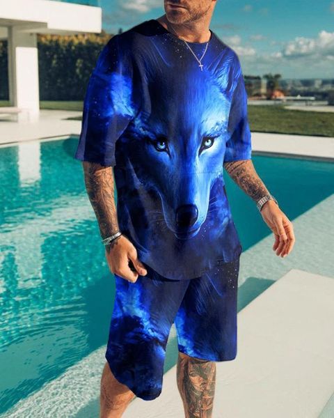 

jogging clothing summer men suit wolf and lion 3d print sportswear shorts casual t-shirt 2 piece 6xl 2021, Black;red