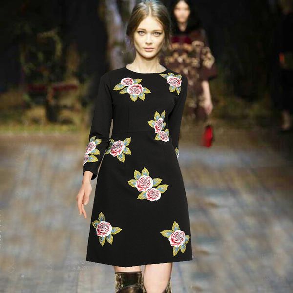 

new european vintage black floral embroidery woman runway elegant o-neck long sleeve a-line slim es for women 2021 h6mx, Black;gray