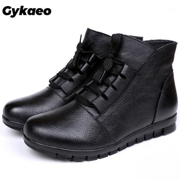 

boots gykaeo mother winter shoes woman flat bottom genuine leather plush ankle for women lace up warm botas mujer invierno 20211, Black