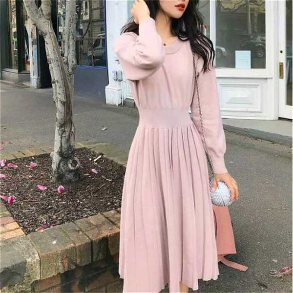 

vintage french sweater dres elegant slim lantern sleeve draped knitted female korean autumn 211119, Black;gray