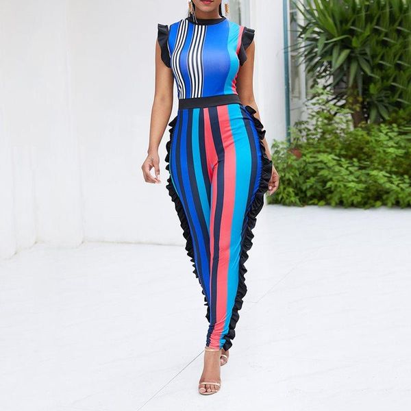 

women's jumpsuits & rompers women jumpsuit patchwork stripe color block ruffle full length pencil pants fitness female office ladies wo, Black;white