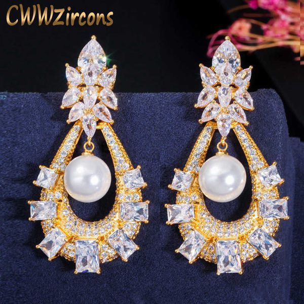 Brincos de zirocnia cúbico brilhante Dangle grandes brincos de ouro indiano grande com jóias de vestido de festa de casamento pérola para as mulheres CZ629 210714