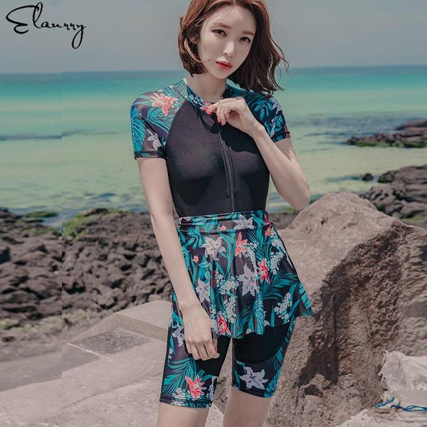 

women floral print swimsuit zipper 2 pieces swimwear 2021 padded bathing suits femmale surfing suits rashguards