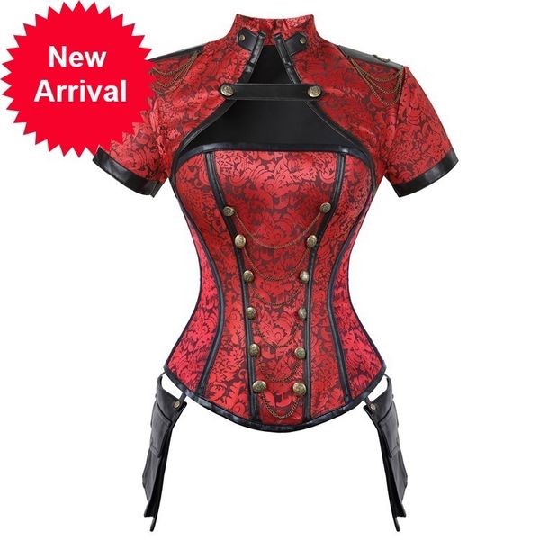 

susola steampunk corset gothic steel boned flora punk bustiers women cut out chains buttons corselet short sleeve bustier, Black;white