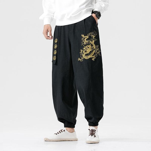 

men's pants cotton dragon embroidery men joggers trousers streetwear sweatpants harem 5xl 2021 autumn, Black