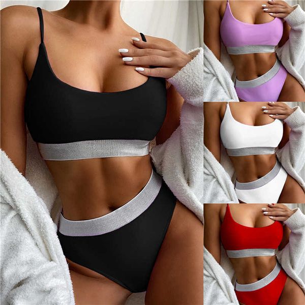 

outer single swimsuit 2021high waist bikini split women sequins solid color, Red;black