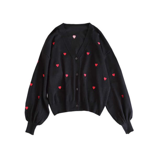

perhaps u women sweater knitted long sleeve pink black thin cardigans v neck autumn heart embroidery m0029 210529, White