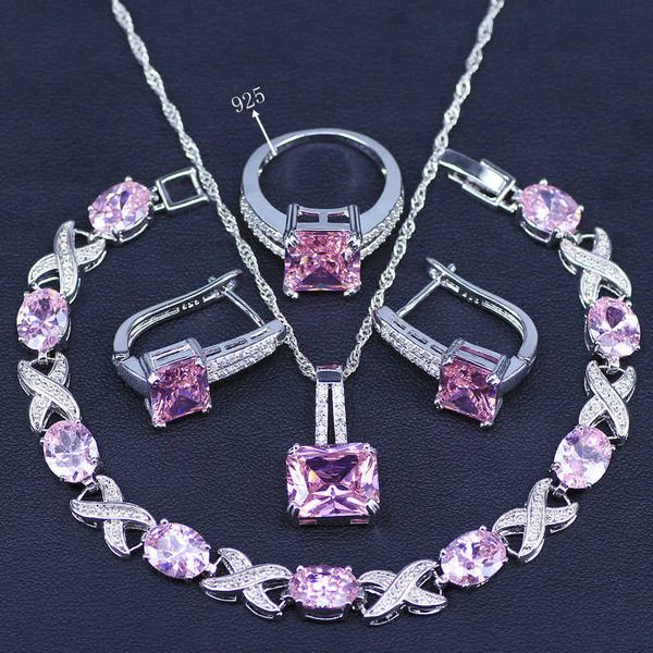 

silver color bridal jewelry princess pink zircon jewelry sets for women earrings/pendant/necklace/rings/bracelet sets h1022