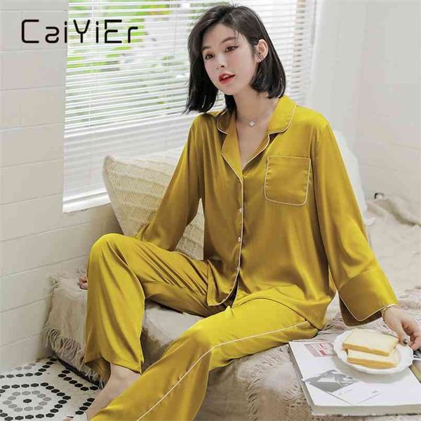 Caiyier Pigiami di seta di lusso Set giallo tasche design Sexy Nightwear Nightwear Inverno Ladies Sleepwear Sleepwear Fashion Party Home Abbigliamento 210809