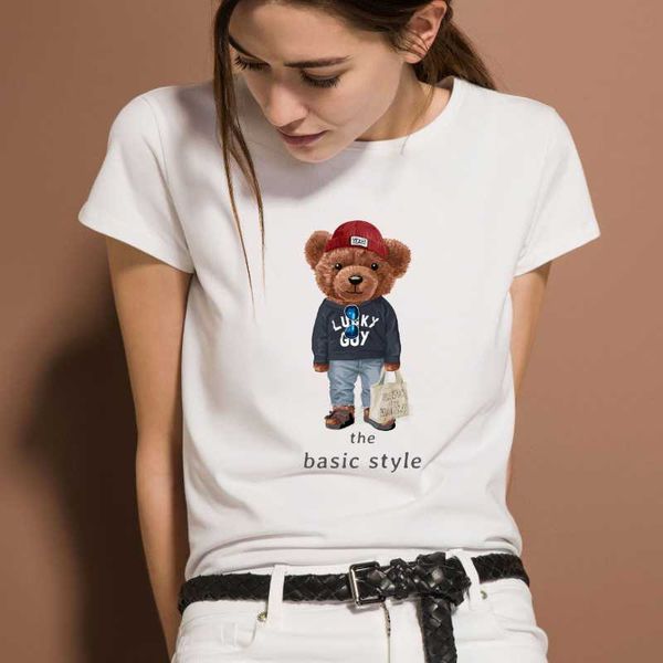 

women's t-shirt minimalist graphics harajuku simple & beautiful teddy bear short-sleeved tees o-neck casual 100% cotton, White