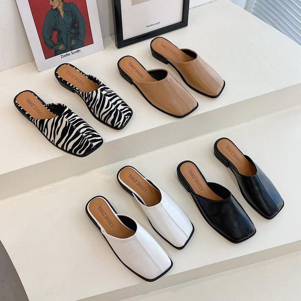 

eoeodoit spring new square toe mules shoes low chunky heel leather slippers casual women slip on drags pumps shoes, Black