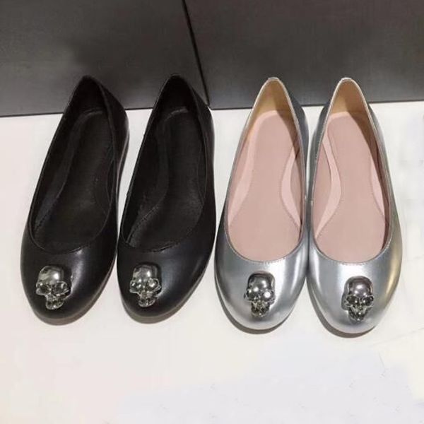 

designer dress shoes spring and autumn 100% authentic cowhide metal skull fashion women black flat boat shoe lady leather trample lazy loafe