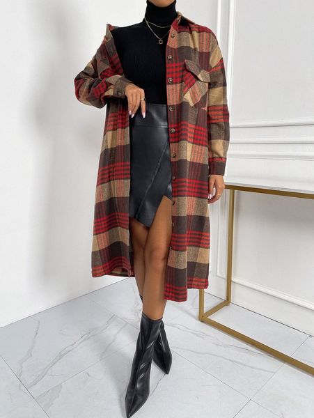 

plaid flap pocket drop shoulder belted longline blouse q9vu#, White