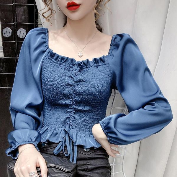 

women's blouses & shirts women 2021 spring autumn fashion blouse female square collar long sleeve shirt casual slim fit soft drawstring, White