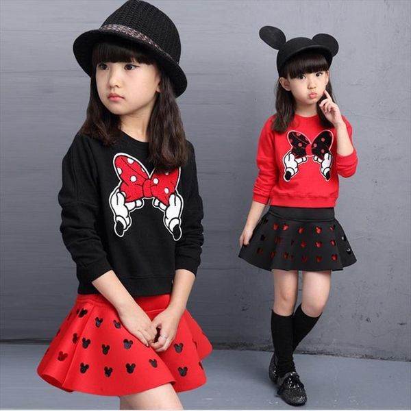 

latest spring and autumn piece fitted girls, cartoon bow embroidered sweater hollow horn skirt suit 3 8 year old girl, White