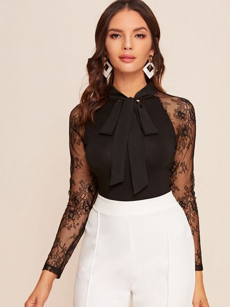 

pussycat bow sheer lace raglan sleeve i2mz#, White