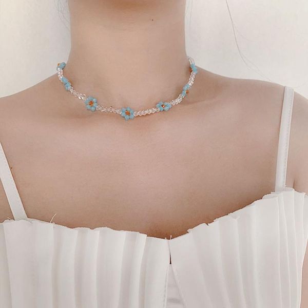 

chains french retro transparent beads blue flowers cute super fairy double clavicle chain fashion personality wild necklace, Silver
