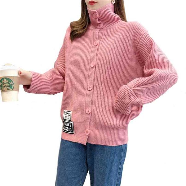 

sweater thick cardigan women spring plus size long sleeve loose high collar candy color jacket feminina lr1075 210531, Black;brown