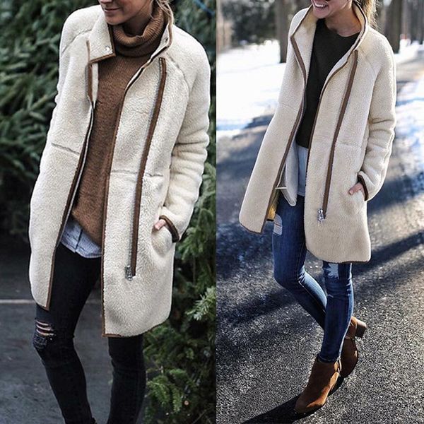 

women's jackets autumn winter women jacket solid beige high collar coat long sleeve open stitch cardigans zipper outwear female 8l1304, Black;brown