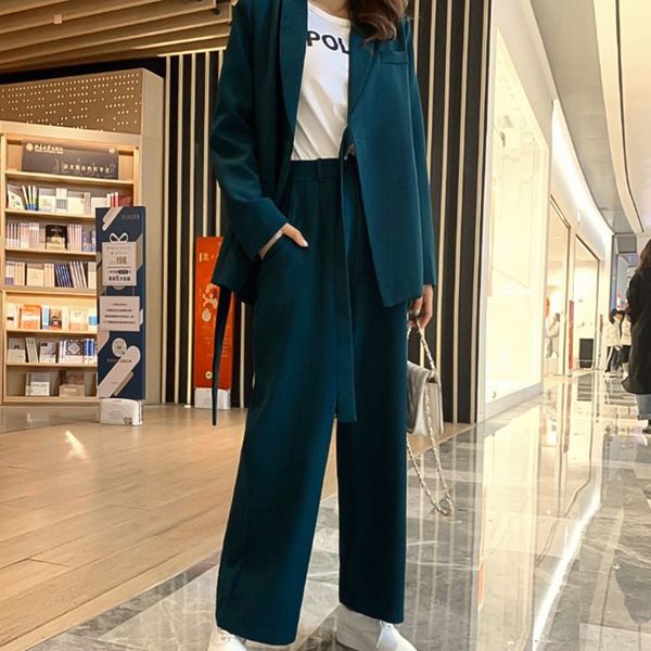 

2021 new autumn office two piece set women lace up blazer jacket high waist loose wide leg pants lady business suits qimf, Gray