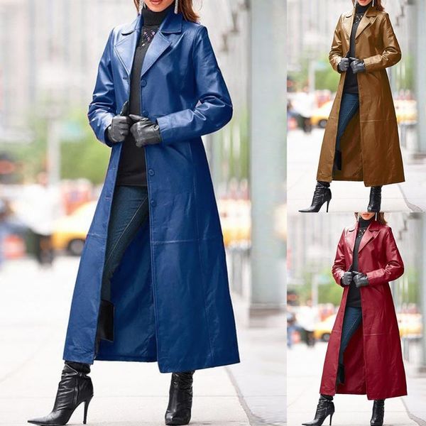 

women's trench coats windbreaker women moto&biker autumn warm winter solid color faux leather long slim wind coat fashion, Tan;black