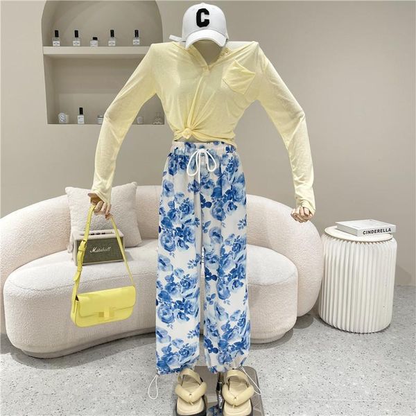 

women's two piece pants clothing 2021 summer long sleeve short t-shirt high waist floral print wide leg set, White