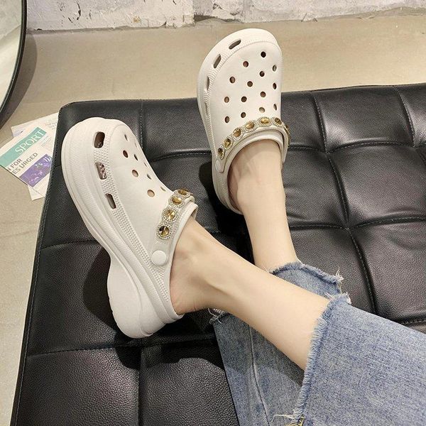 

summer women platform garden sandals diamond slippers slip on girl beach shoes fashion slides outdoor small hole women sandals, Black