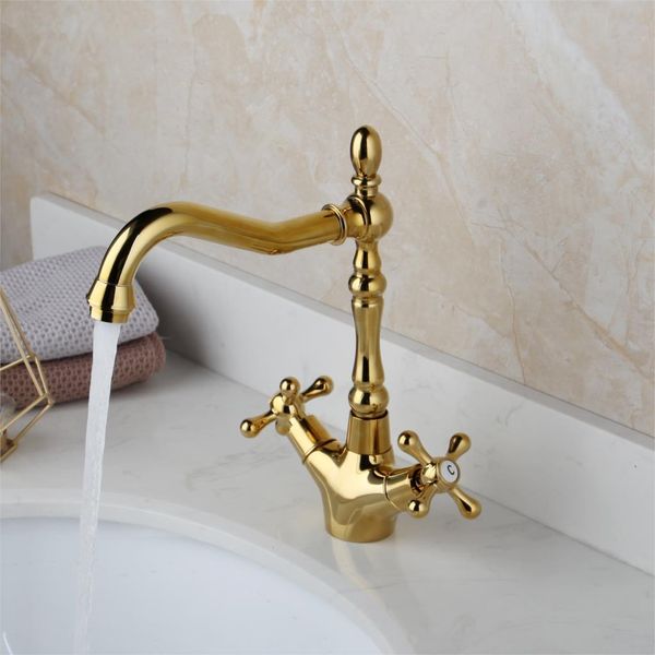 

bathroom sink faucets golden polish kitchen basin vessel rotated dual handles swivel gold plated deck mounted mixer water tap iaur