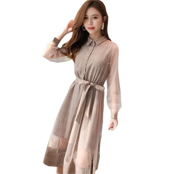 

casual dresses vintage plaid patchwork mesh 2021 spring long sleeve bow elegant dress office lady vestidos re0581, Black;gray