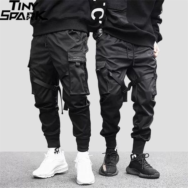 

hip hop cargo pants pockets men streetwear harajuku joggers pants hiphop swag ribbion harem pants fashion casual trousers 211112, Black