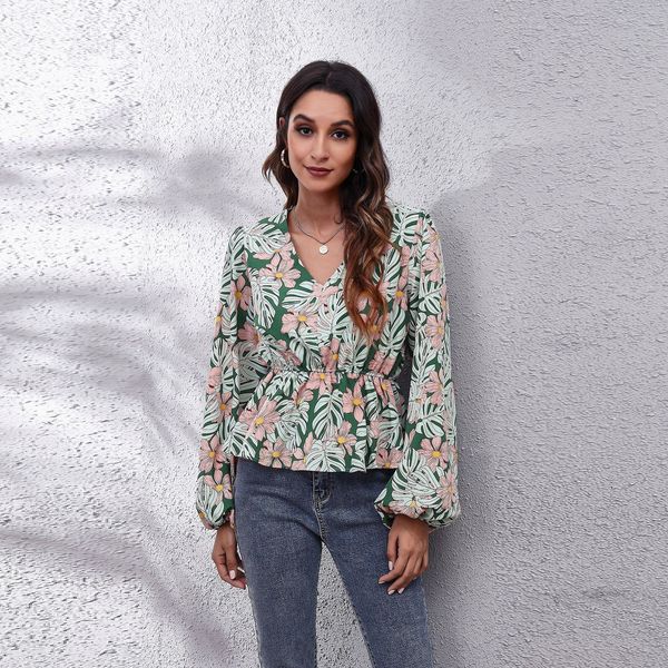 

women's t-shirt new foliage lantern long sleeve waist closing v-neck printed chiffon shirt, White