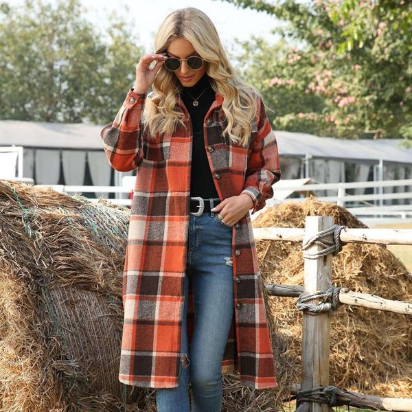 

women's wool & blends autumn/winter style commuter trench coat, side split, lapel, loose tweed plaid shirt, coat, Black