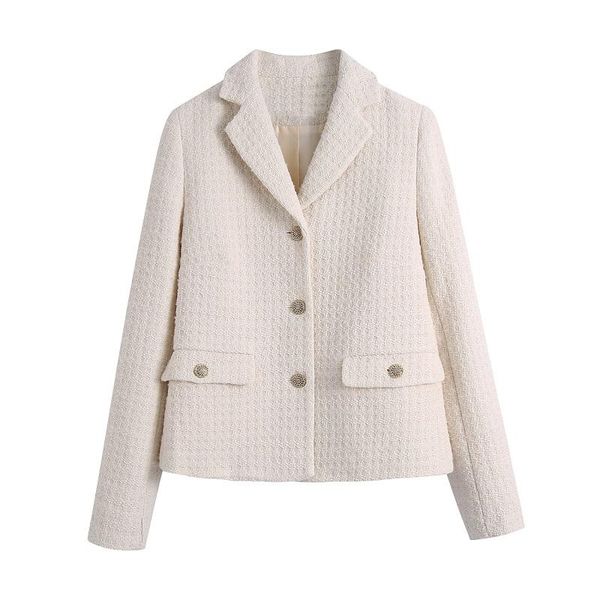 

women's jackets women 2022 fashion rhinestone buttons cropped tweed blazer coat vintage long sleeve pockets female outerwear streetwear, Black;brown
