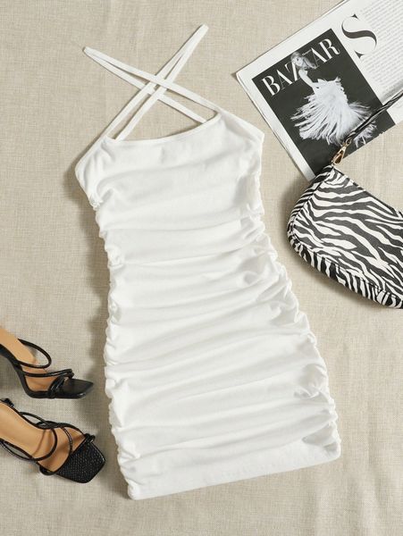 

ruched detail cross halter dress 70z5#, Black;gray