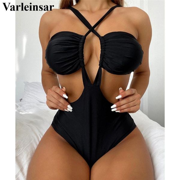

2021 wrinkled cut out one piece swimsuit women swimwear female halter backless monokini bather bathing suit swim lady v2770