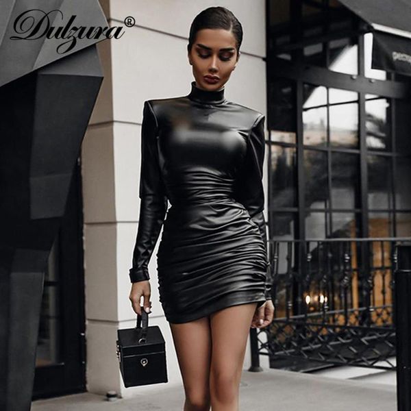 

dulzura pu leather mini dress ruched turtleneck long sleeve bodycon bandage streetwear party elegant autumn winter club, Black;gray