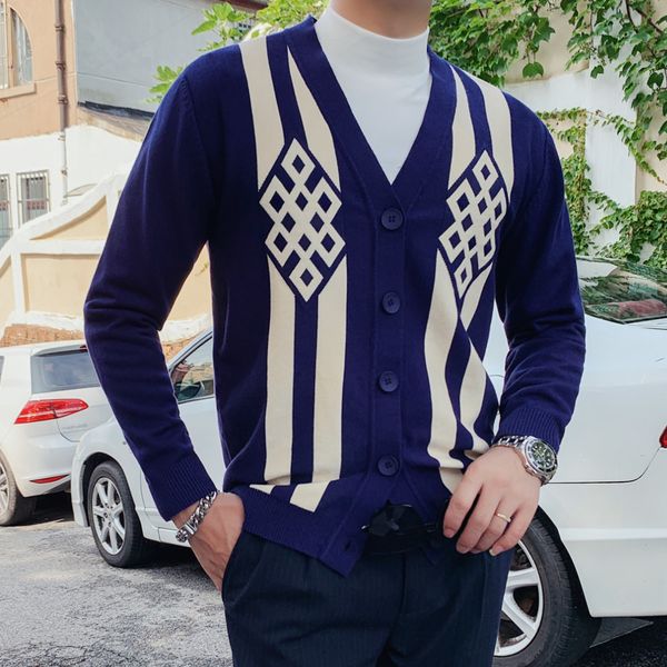 

hombre sweter de v-neck long-sleeved casual cardigan blue black british contrast color chinese knot knitted sweate x9yx, White;black