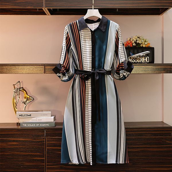 

female multi-stripe shirt dressed stylish long sleeves ol single-breasted work wear knee high in prom dress new plus size uc1d, White