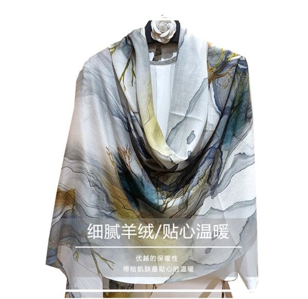 

scarves high-end elegant women exquisite chinese style landscape painting beard edge pure cashmere with sequins long scarf shawls, Blue;gray