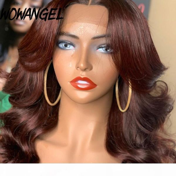 

wowangel transparent lace front human hair wigs body wave 99j colored burgundy 180% for women pre plucked brazilian remy, Black;brown