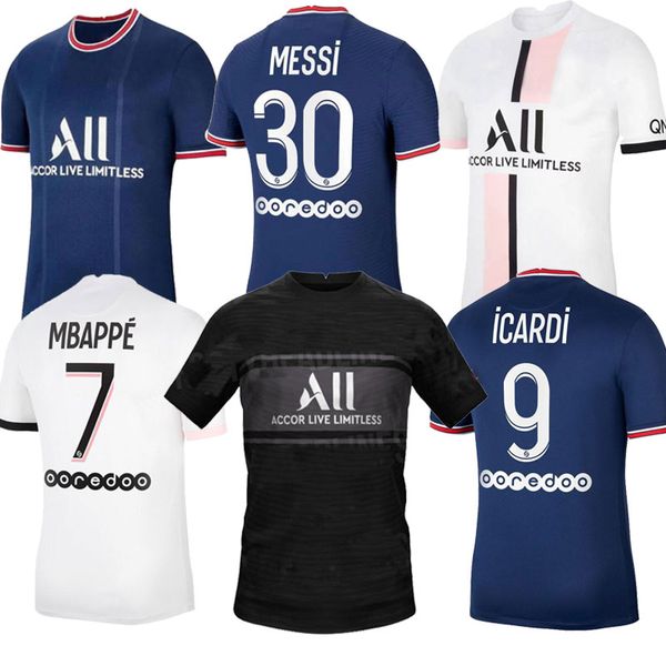 

21-22 soccer jerseys 30 messi jersey 7 mbappé 10 neymar jr 3 kimpembe 9 icardi 14 juan bernat 21 ander herrera 22 diallo with patch, Black;yellow