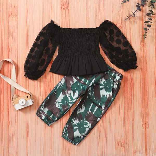

clothing sets baby girls 2pcs summer outfits long sleeve off shoulder black + camouflage pants, White