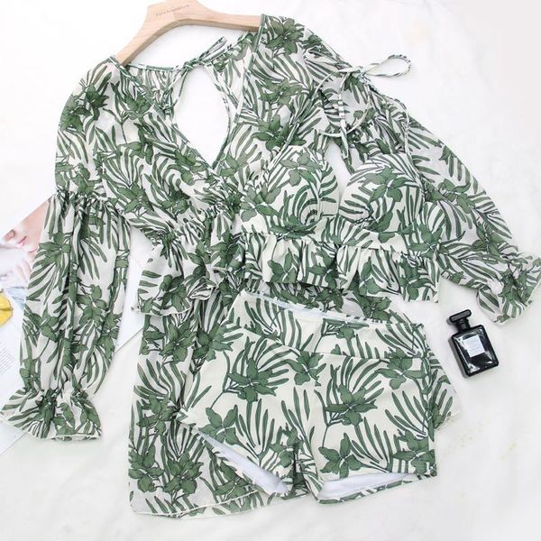 

new push up 2021 bikini set women green leaf biquini swimwear high waist brazilian swimsuit bather beach maillot de bain