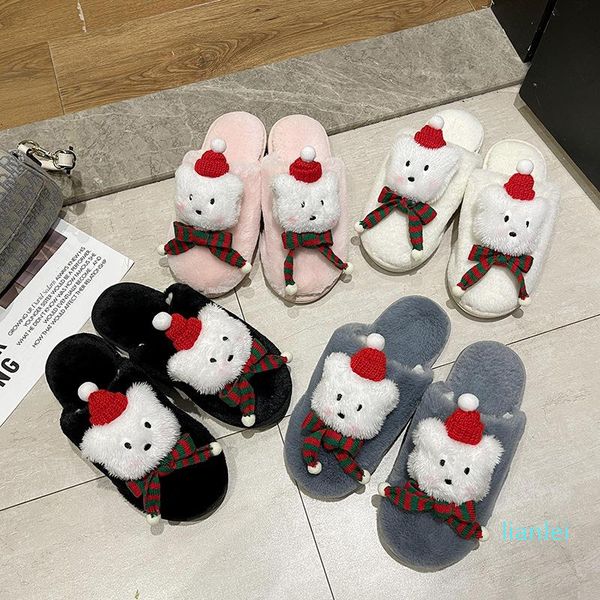 

slippers women autumn and winter christmas plush female cartoon bear baotou home cotton, Black