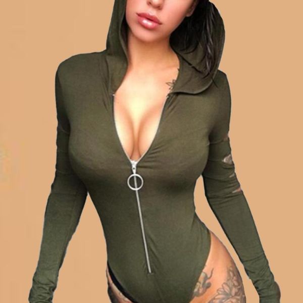 

women's jumpsuits & rompers army green bodysuit thong high cut jumpsuit zip zipper leg women long sleeve body hooded hoodie romper fash, Black;white
