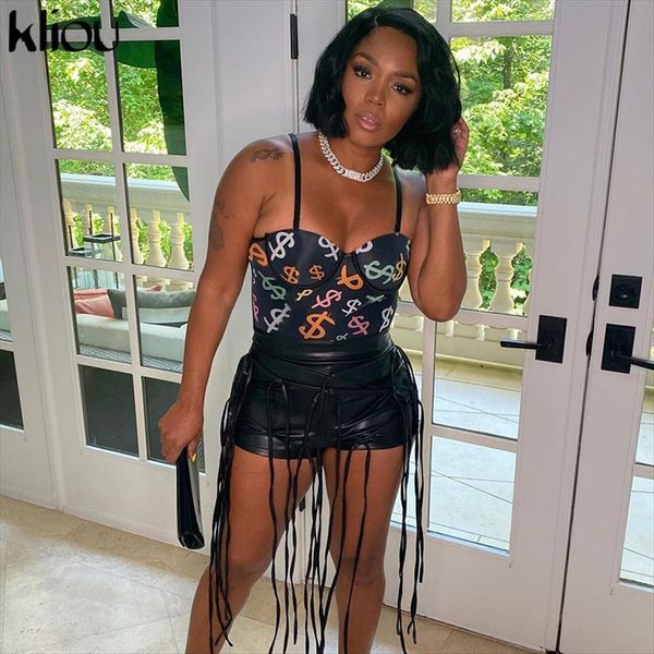 

dollars print two piece set womens tracksuits summer camis crop vest ribbons pu shorts separated matching outfit hipster clothing, Gray