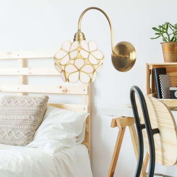 

wall lamp nordic style copper bedroom beside glass flower lampshade simple modern led light sconce wandlamp luminaria