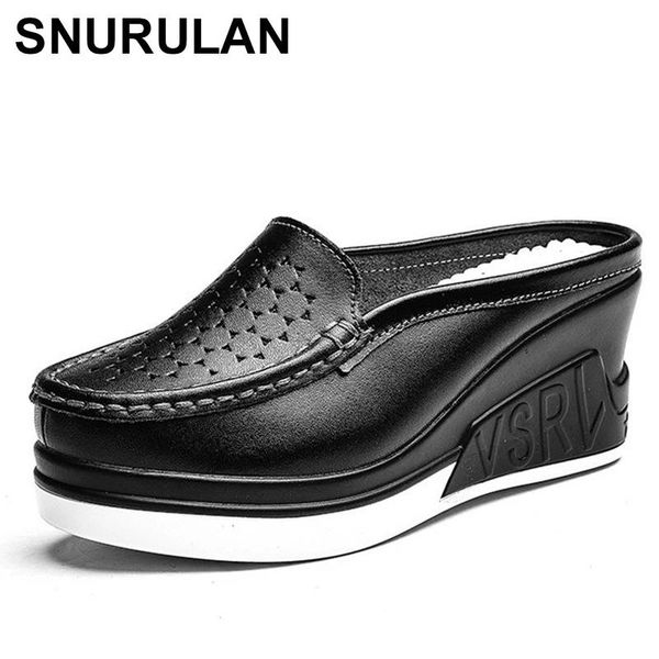 

snurulan summer genuine leather women wedges slippers cut-outs wedge heel sandals shoes woman thick bottom white ladies highheel, Black